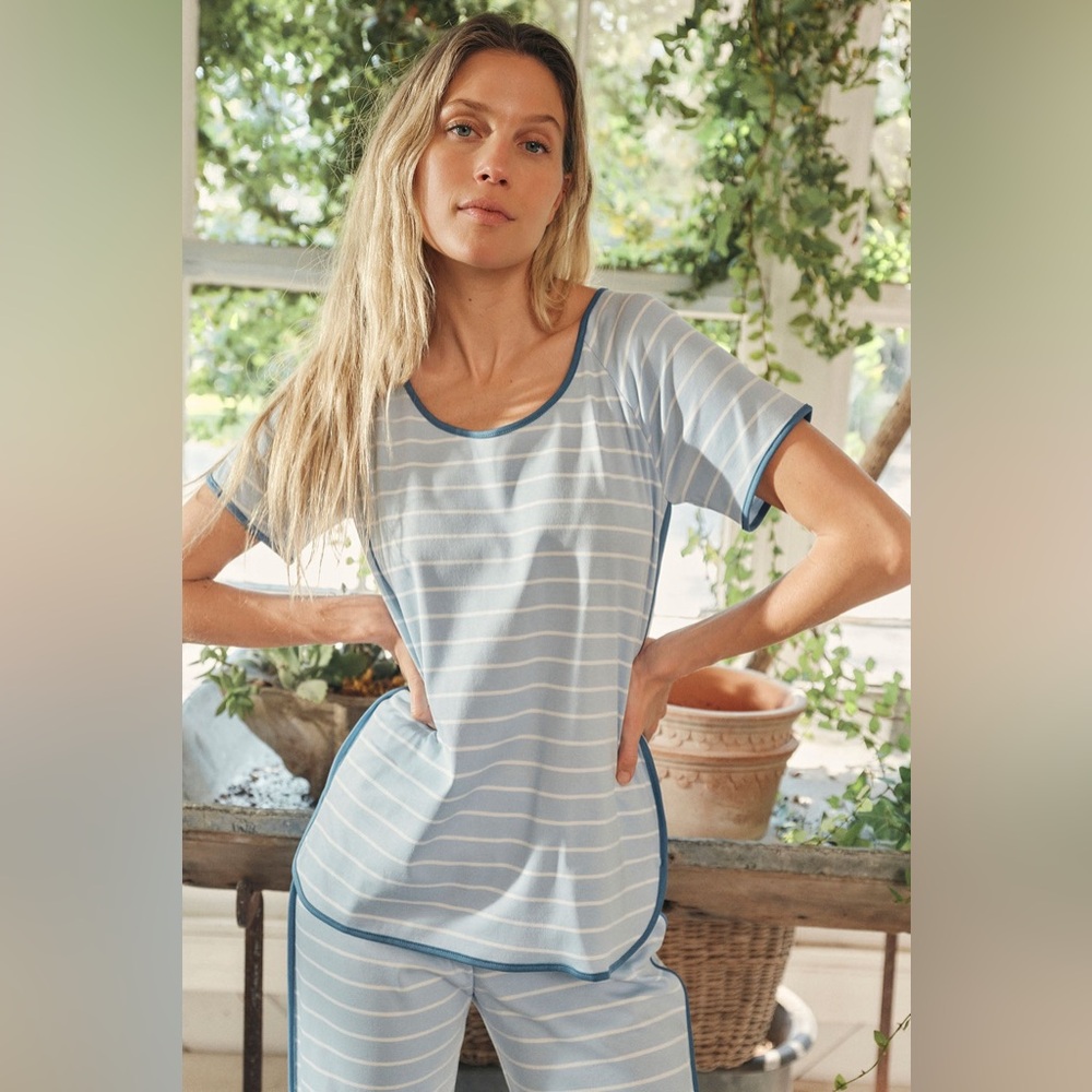 Lake Pima Short Sleeve Pajama Top in Blue Gray Club Stripe Size XL NEW - Picture 3 of 7